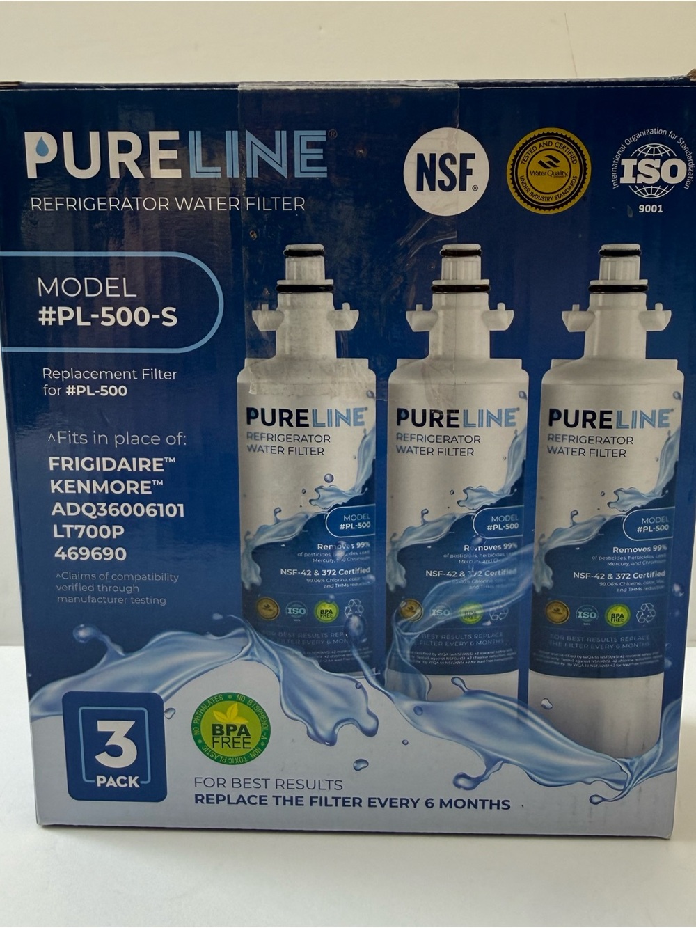 PureLine PL-500 Refrigerator Water Filter 3 Pack Frigidaire Kenmore LT700P ADQ36